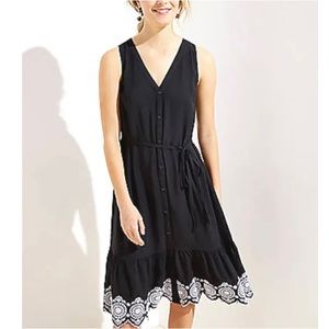 LOFT sleeveless dress - button front, tie waist, eyelet hem